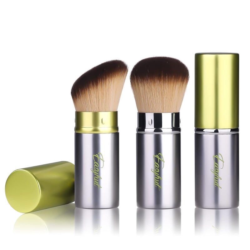 Easyhut Retractable Kabuki Makeup Brushes 2 Pcs Blush Brushes Set Portable Powder Brushes with Flat and Angled Top for Liquid Cream Cosmetics Travel, large/1.18inch(Silver Green) - Image 1